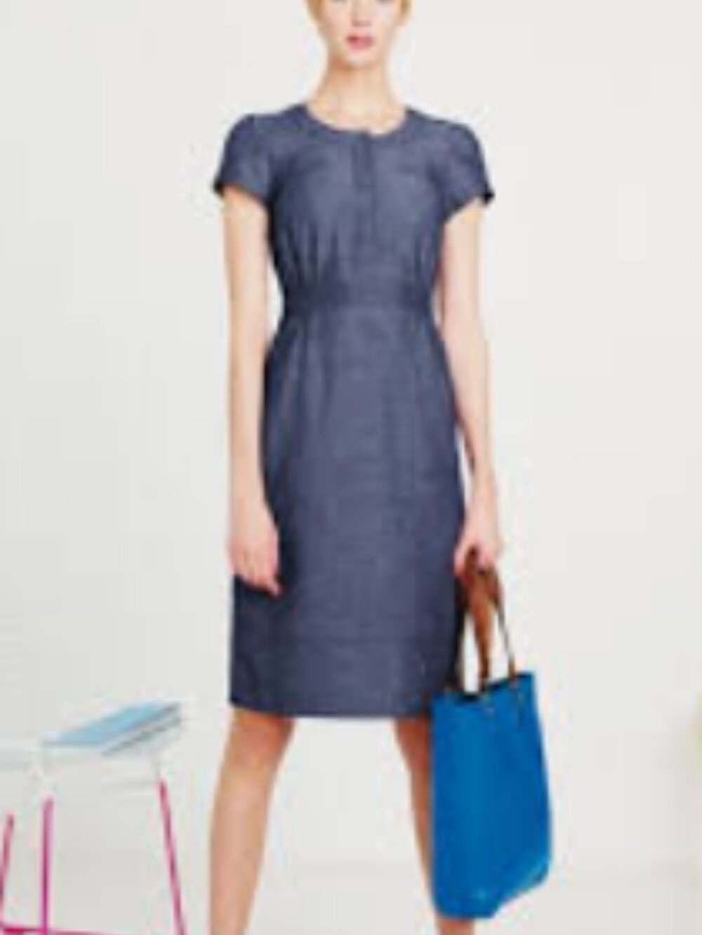Boden Size 6R Short-Sleeve Blue Chambray Dress Midi Cotton Linen Office Layering